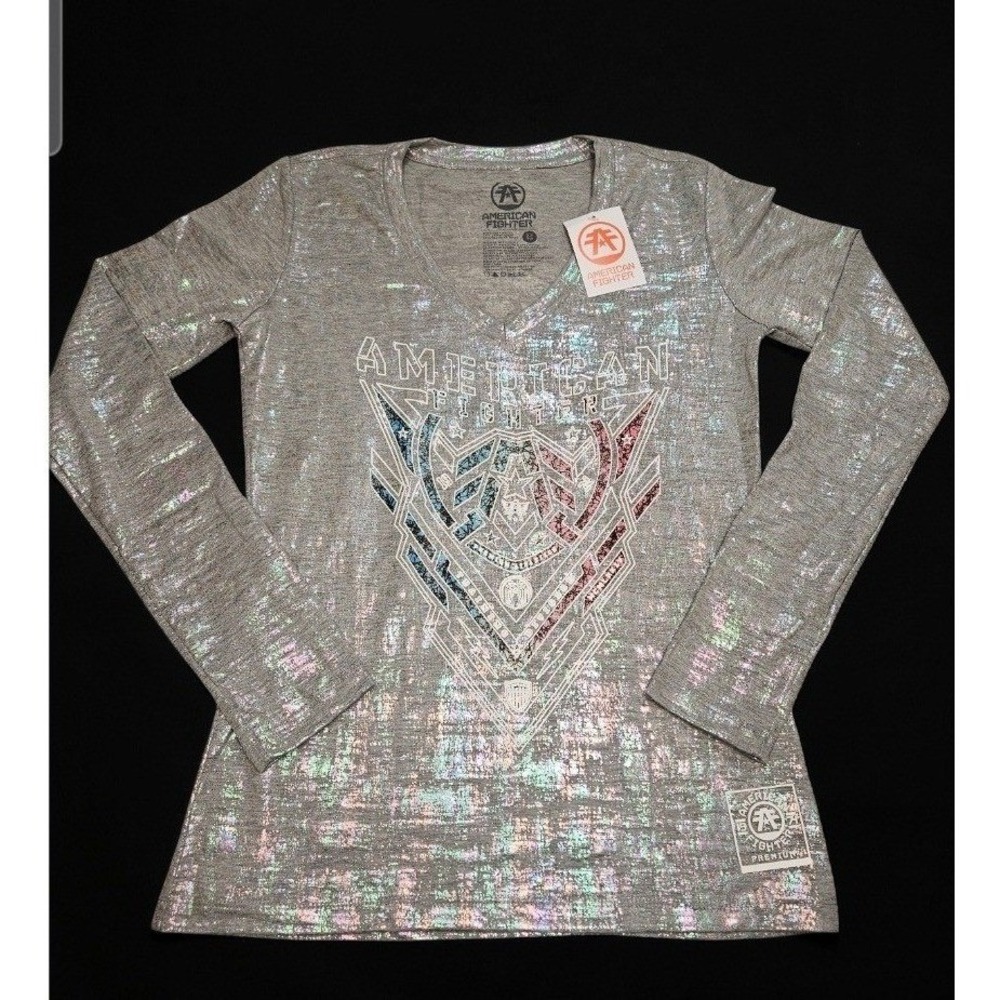 MMA American Fighter Women's Silver Foil Buckle Graphic Long Sleeve NWT XS - Picture 2 of 6